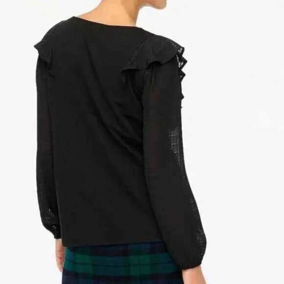 NEW J. Crew Ruffle-Shoulder Top Plaid Jacquard Sleeves Pullover Stretch Cotton L - Picture 5 of 13